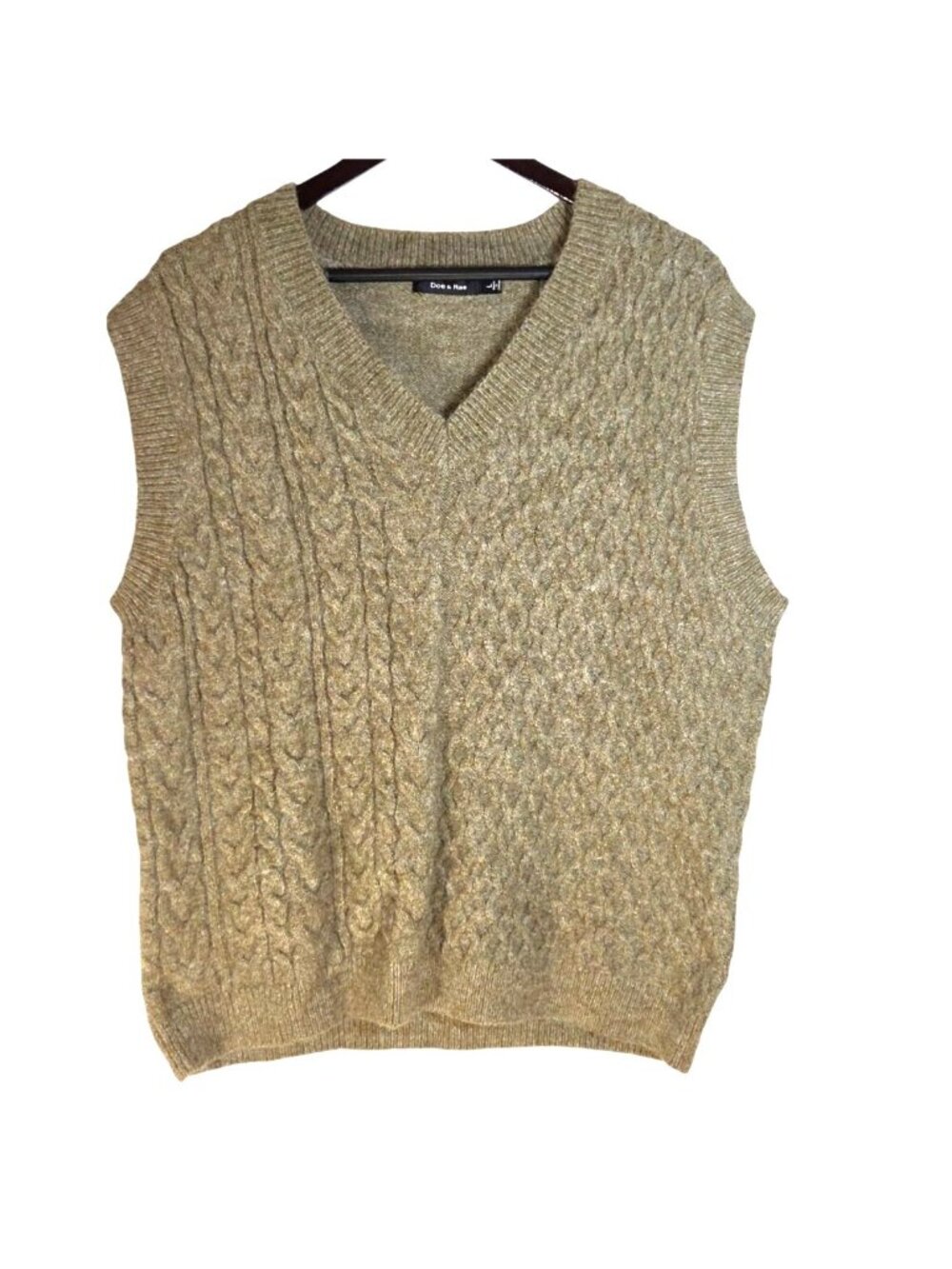 Doe & Rae Wool Blend Tan Cable Knit V-Neck Sleeveless Sweater Vest Academia L